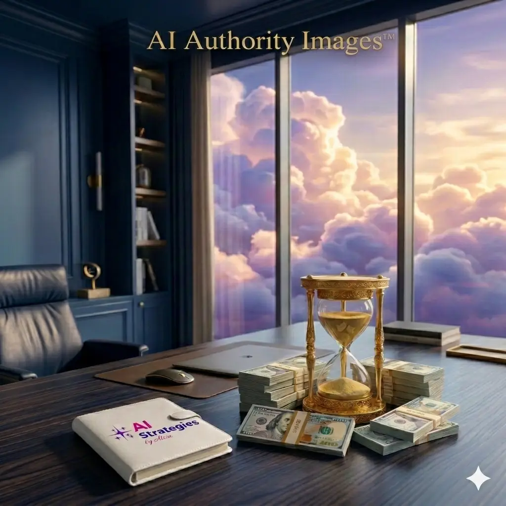 A professional, office scene featuring a high-end dark wood desk. On the desk sits a white leather notebook with the "AI Strategies by Alisa" logo, stacks of hundred-dollar bills, a gold-framed hourglass with yellow sand, and a sleek laptop. In the background, a modern black leather office chair faces a large window revealing a dramatic purple and gold sunset with towering clouds. The gold text "AI Authority Images™" is centered at the top of the frame.