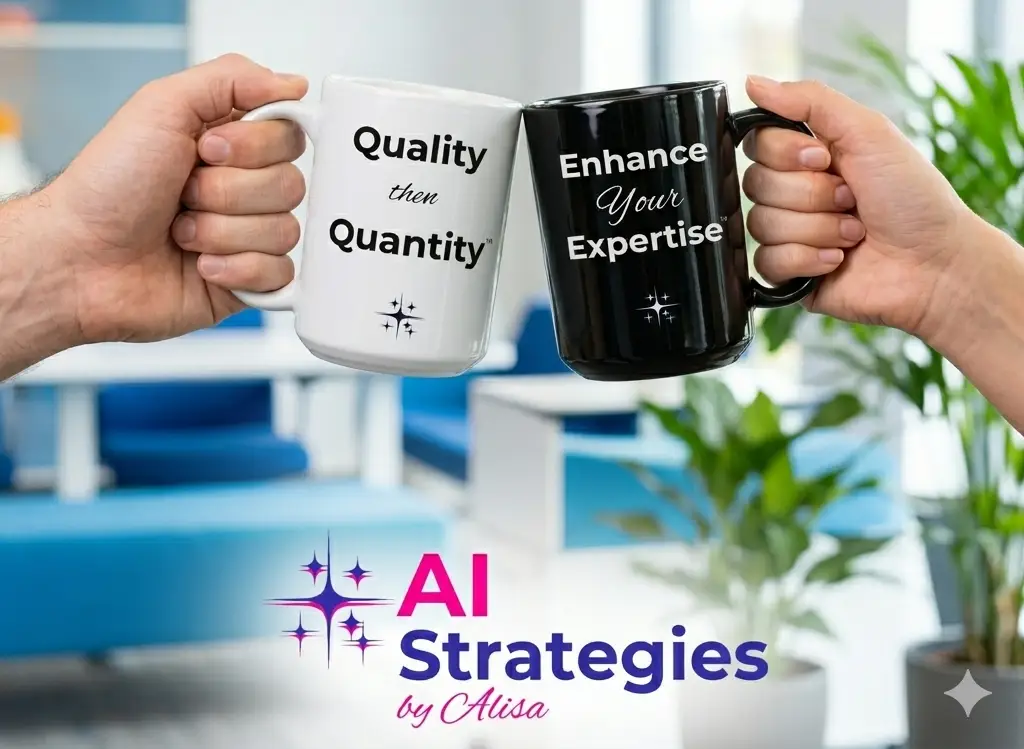 Two people toasting with matching branded coffee mugs. On the left, a man's hand holds a white mug that reads, "Quality then Quantity™" in black text. On the right, a woman's hand holds a black mug that reads, "Enhance Your Expertise™" in white text. Both mugs feature the Al Strategies by Alisa AI sparkle icon. The background is a modern, light-filled office with blue chairs, desks, and potted plants. At the bottom center, a dark blue and magenta logo reads, "AI Strategies by Alisa."