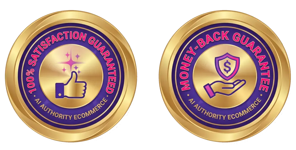 Two circular gold seals side-by-side with dark blue borders and pink text. The seal on the left features a thumbs-up icon with sparkles and reads "100% Satisfaction Guaranteed" around the top and "AI Authority Ecommerce" along the bottom. The seal on the right features an open hand holding a shield with a dollar sign inside and reads "Money-Back Guarantee" around the top and "AI Authority Ecommerce" along the bottom.